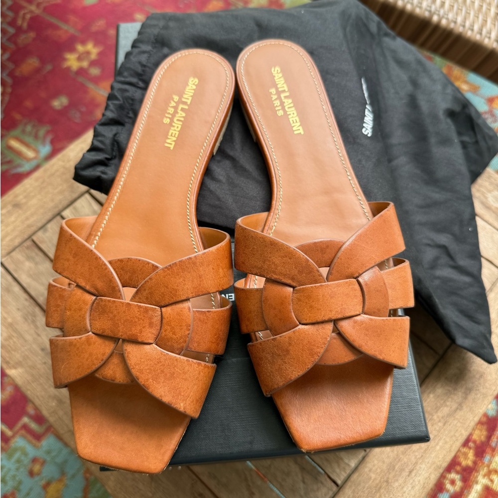 Saint Laurent Cognac Leather Knotted Slide Mules